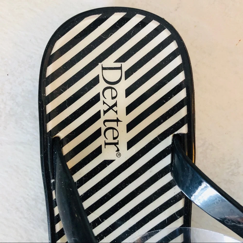 Dexter Black Strappy Thong Sandals with Striped Footbed